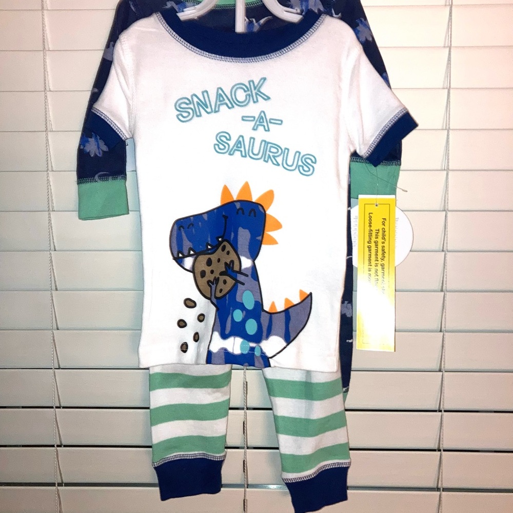 Boys Blue Green Mix & Match Dinosaur Pajamas Long & Short Sleeve 4-Piece Combo
